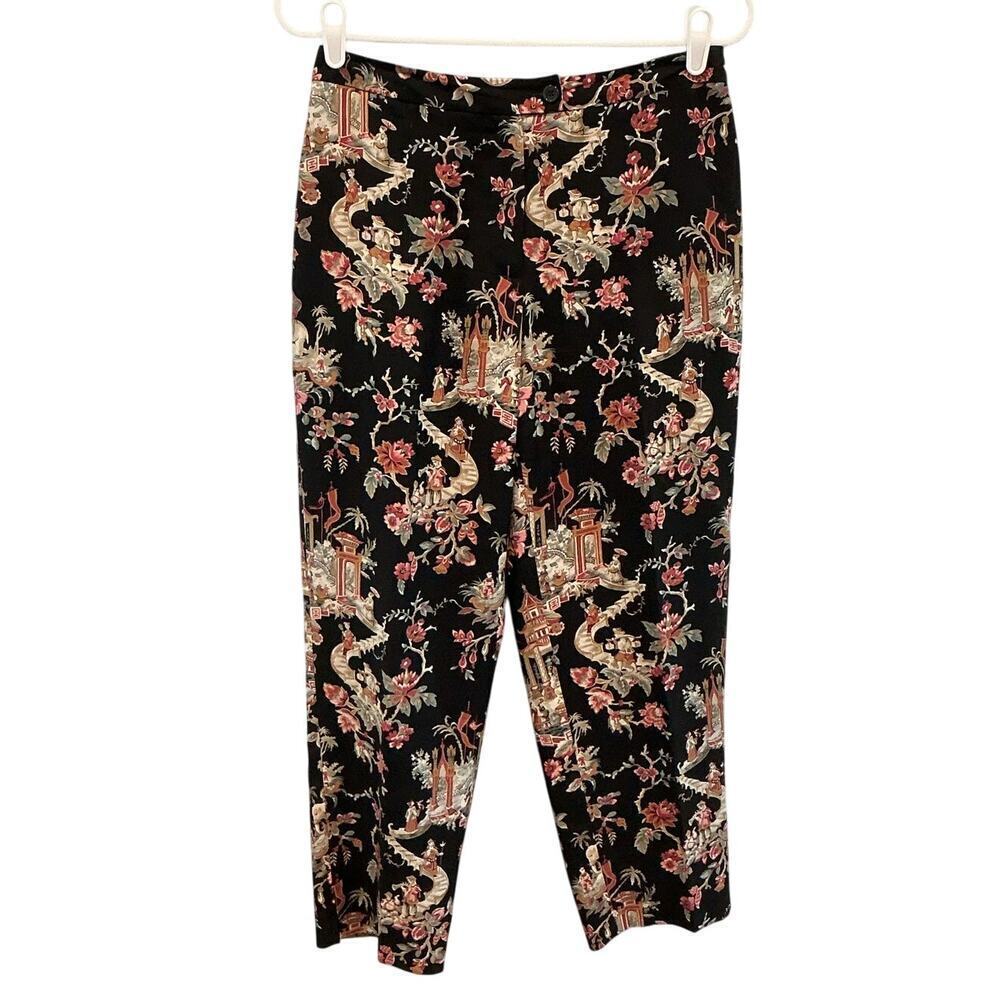 Vtg Talbots Womens Silk Wool Pants Sz 6P 6 Petites Black Asian Print 90s Classic